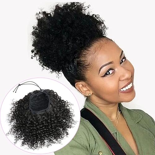 Cola de caballo afro rizada con cordón, piezas de cabello humano natural para mujeres negras, niñas, niños, 10 pulgadas, color negro natural #1B
