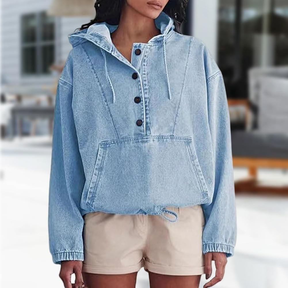 Generisch Damska bluza z kapturem, dżinsowa bluza z kapturem, luźna bluza z długim rękawem z kieszenią i ściągaczem, model 2025 (ciemnoniebieska, XL)