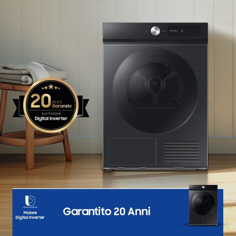 Samsung Asciugatrice Bespoke AI DV90DB7845GB/U3, 9 kg, Pompa di Calore, Wifi, QuickDrive, AI Dry, Hygine Dry, Carica Frontale, 60L x 85H x 60P cm