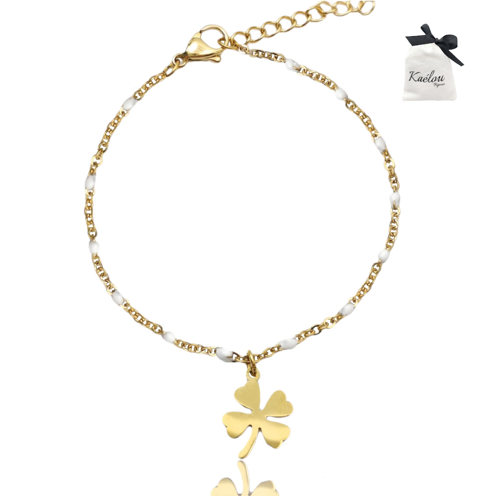 Bracelet Femme Trèfle Porte Bonheur Chaîne en Acier Inoxydable Doré Or Artisanal Fait Main Trèfle à 4 Feuilles Perles Idée Cadeau Anniversaire Noël Saint Valentin Fête Mères Hypoallergénique