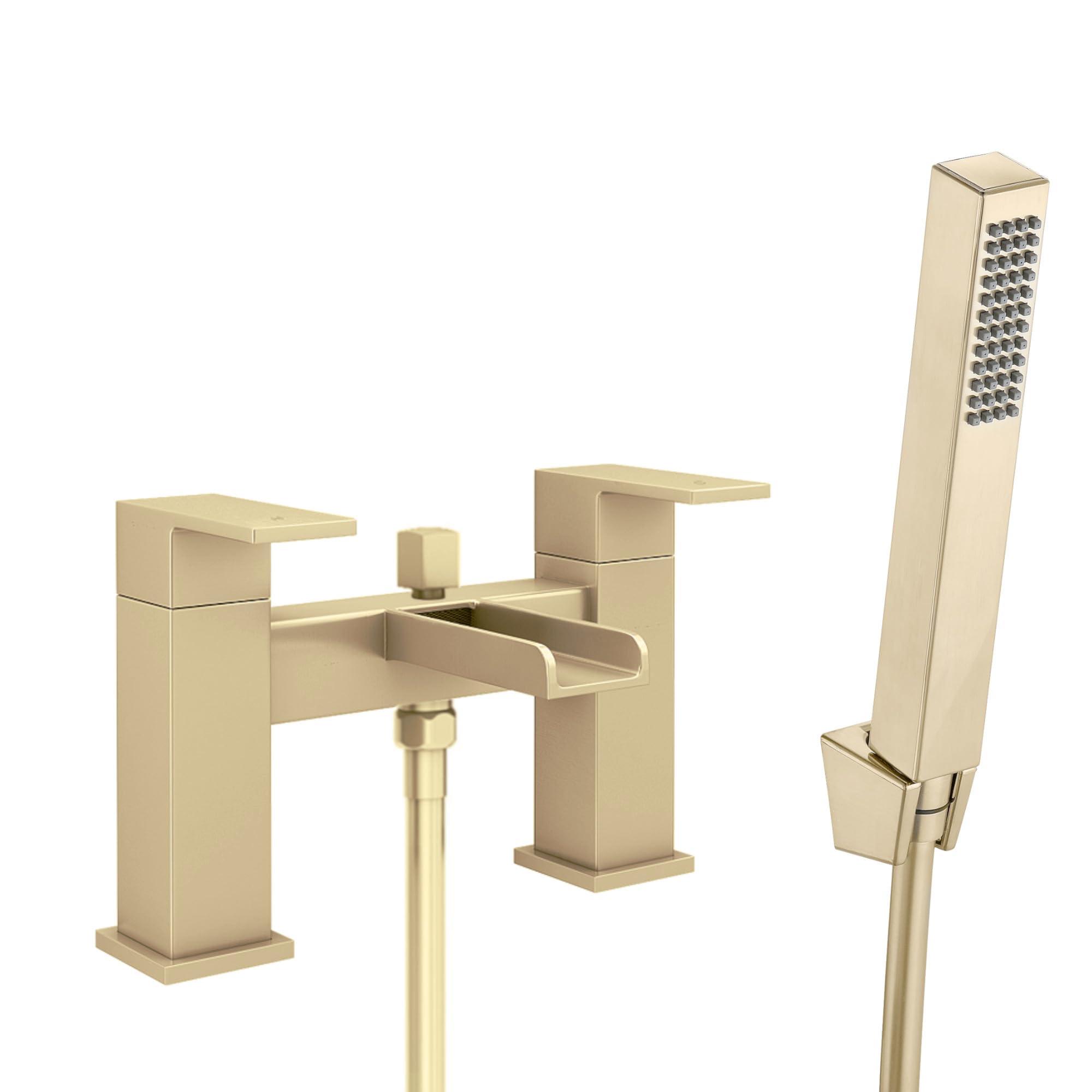 ENKI, Plaza, BBT0268, Brushed Brass Bath Shower Mixer Tap, Square Waterfall Open Spout Design