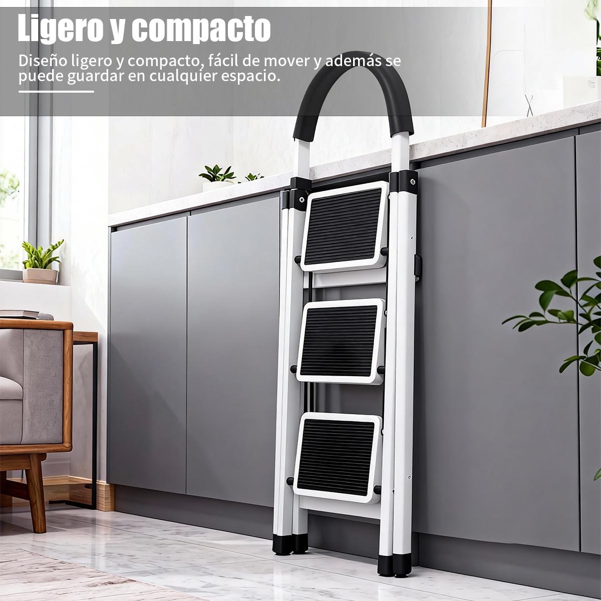 Escalera Plegable 3 peldaños con pasamanos y con Pedal Antideslizante | Taburete Multifuncional con Superficie | Escaleras Plegables Domésticas | Step Ladder para Hogar (3 escalones)
