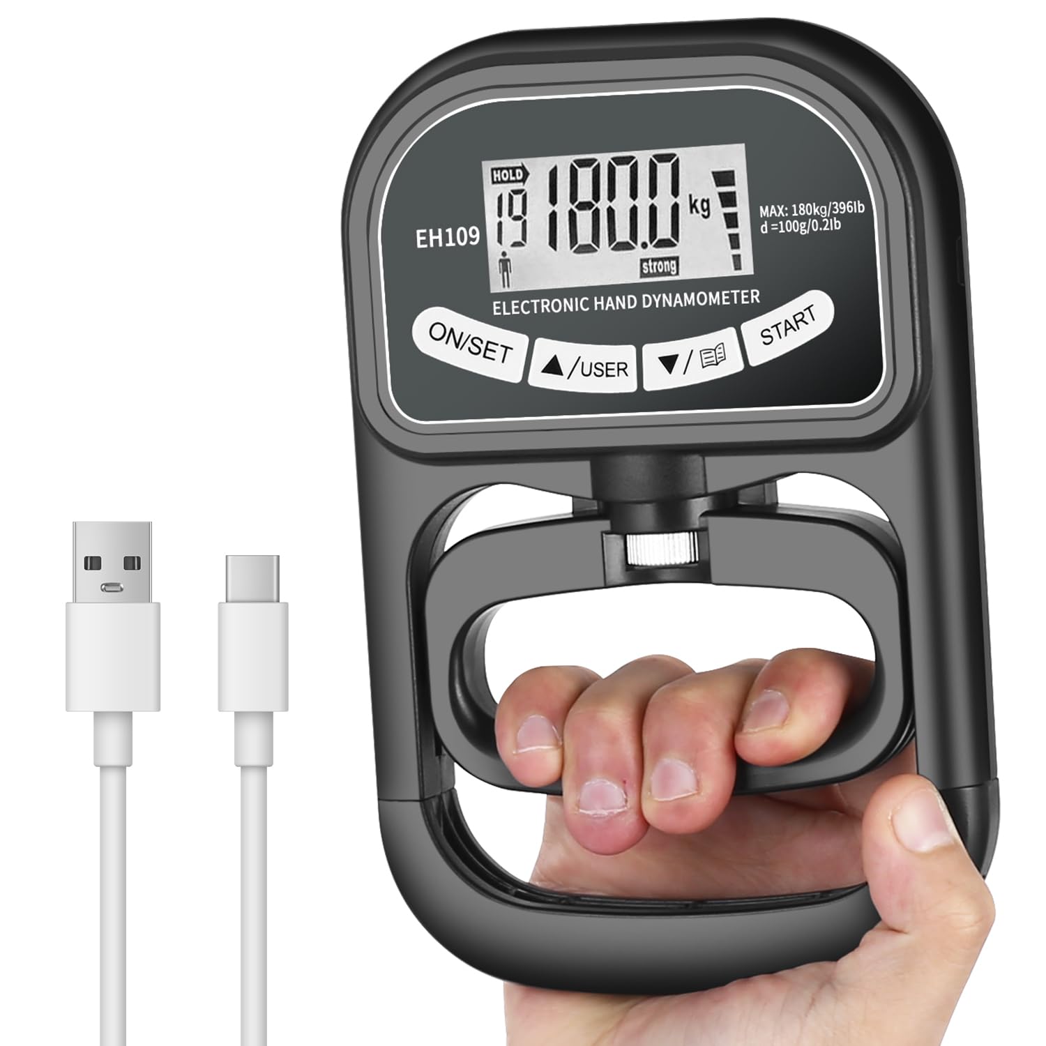 Digitaler Handkraftmessgerät,180 kg Griffkrafttrainer,Hand Dynamometer Grip Strength Trainer,Verstellbarer Handgriff-Dynamometer,Digitaler Griffkraft-Tester mit LCD-Display,Wiederaufladbar.