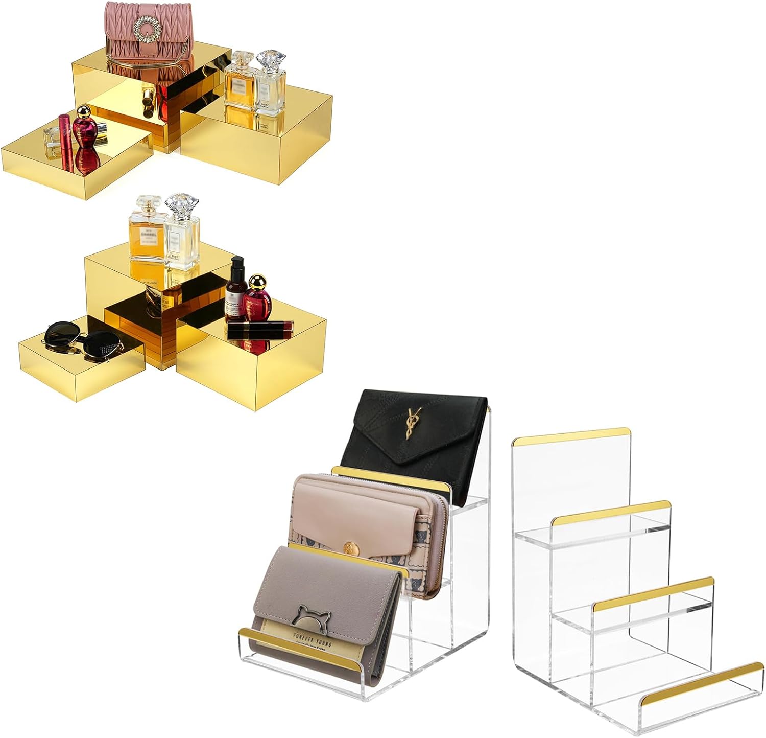Gold Risers Display Stands and 2 Pack 3-Tier Purse Display Stands
