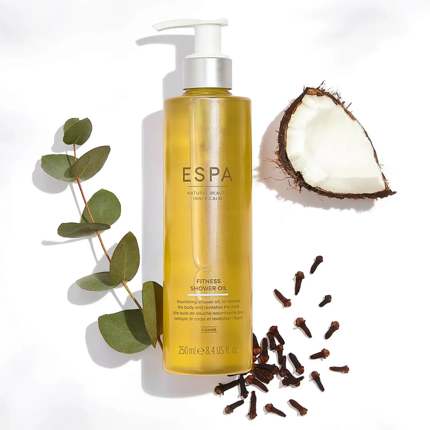 ESPA | Fitness Shower Oil | 250ml | Oil to Cream Cleansing Formula | Post-Workout Reviver | Eucalyptus, Clove Bud, Peppermint & Rosemary