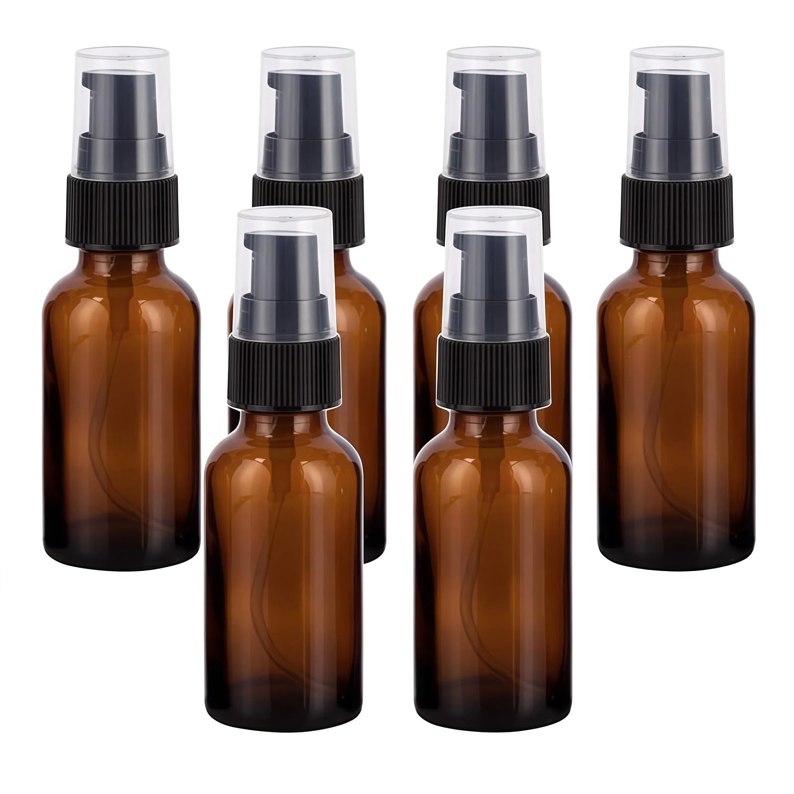 Tupandy Amber 6Pcs 30Ml/1Oz Glass Lotion Pump Bottles Empty Cosmetic Makeup Travel Pump Dispenser Container Jars For Cream Essential Oils Toiletries