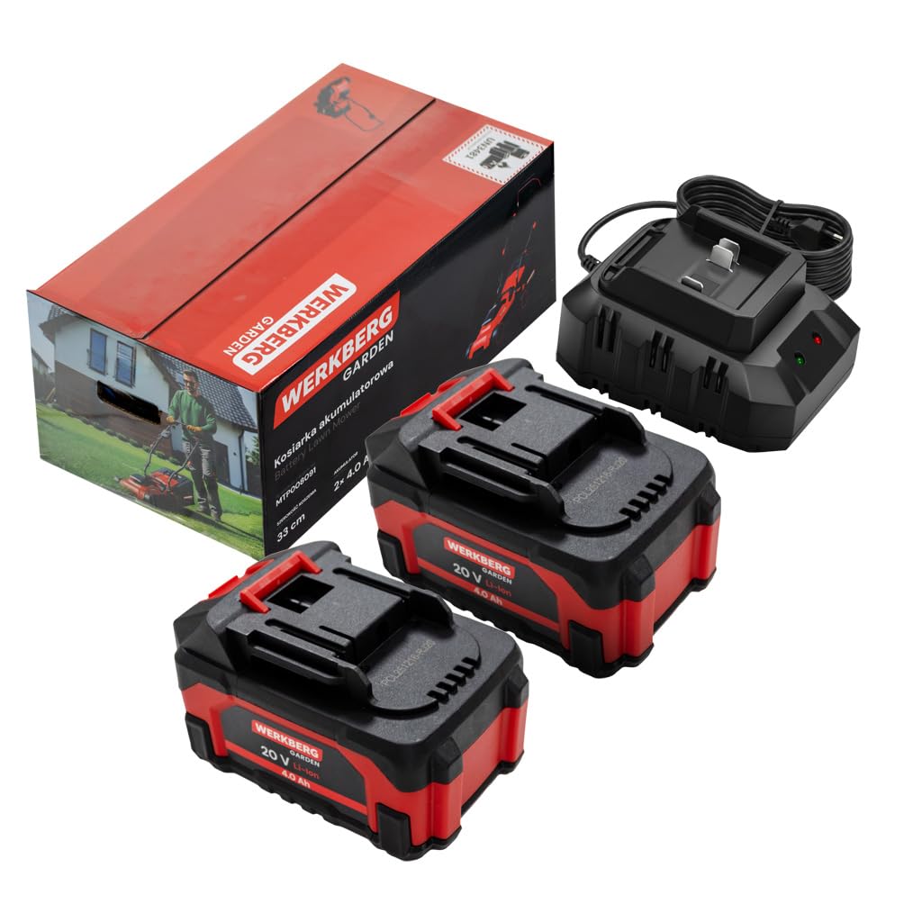 Kosiarka akumulatorowa do trawy 33 cm, 450 W | 450 W, 2 x akumulator 20 V 4 Ah, Kosz 32 l, Regulacja 25–65 mm, Mulczowanie