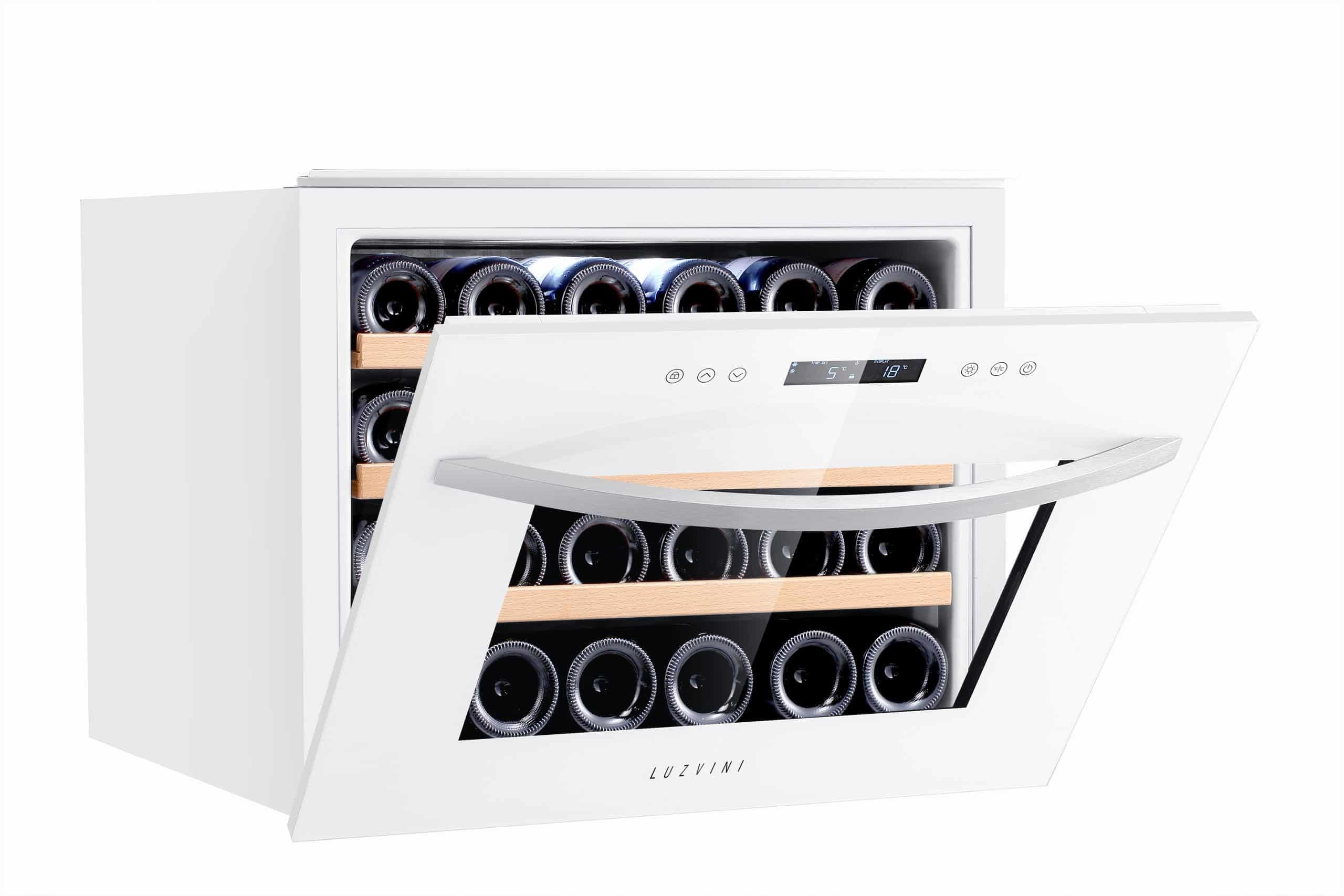 LV22W Weißer Einbau-Weinkühlschrank - 2 Zonen - Vollglas-Designtür, 22 Flaschen, 41 dB, 60 cm breit und 3 ausziehbare Schubladen aus Buchenholz