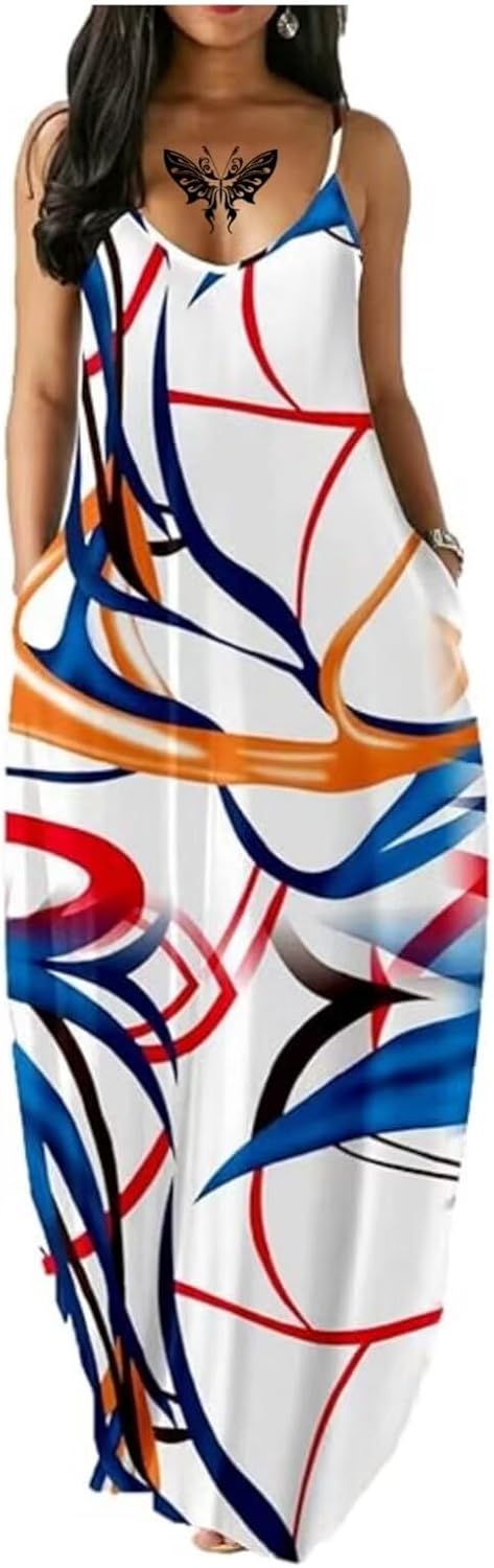 Fussangshu Women's Summer Maxi Dress Long Dress Casual Boho Sleeveless Strap Smocked Tiered Long Beach Sun Dresses