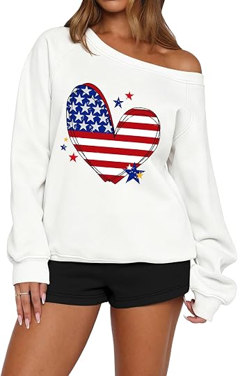 Lacozy Off The Shoulder Sweatshirt for Women Casual American Flag Sweater