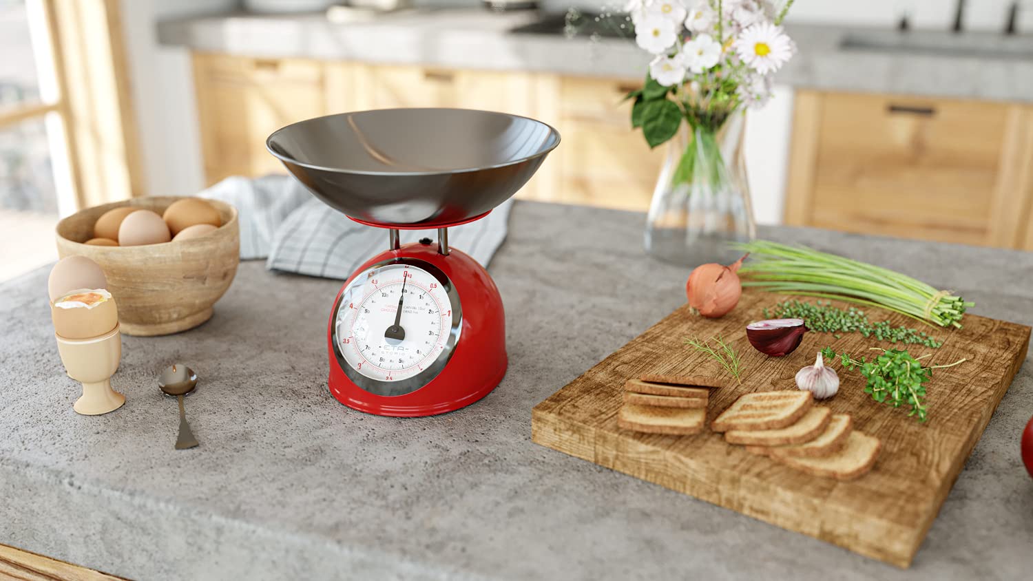 ETA STORIO - Báscula de Cocina Analógica Pesa Comida (Cuenco de Acero Inoxidable, 2 l, máx. 5 kg), Color Rojo
