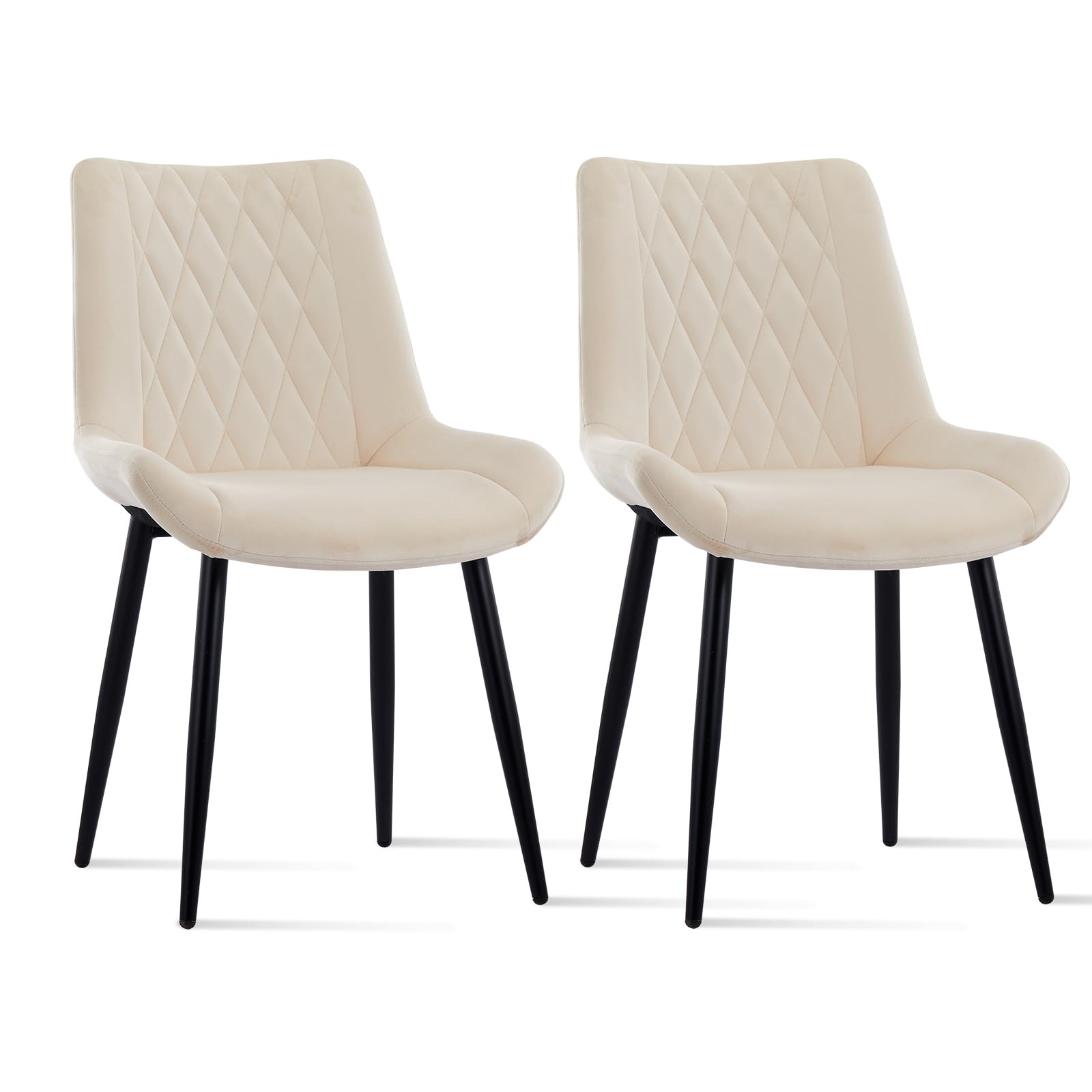 LEMROE Dining Chairs Set of 2 Velvet Upholstered Kitchen Chairs with Metal Legs and Backrest Modern Counter Corner Accent Chairs for Dining Living Reception Room (Cream-Diamond Shape Back)