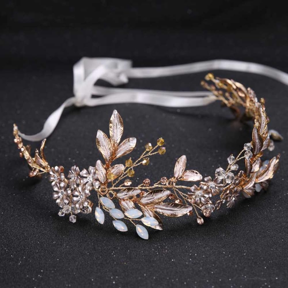 Fasce per capelli alla moda vintage con foglie bianche e fiori, fascia per capelli da sposa con nastro