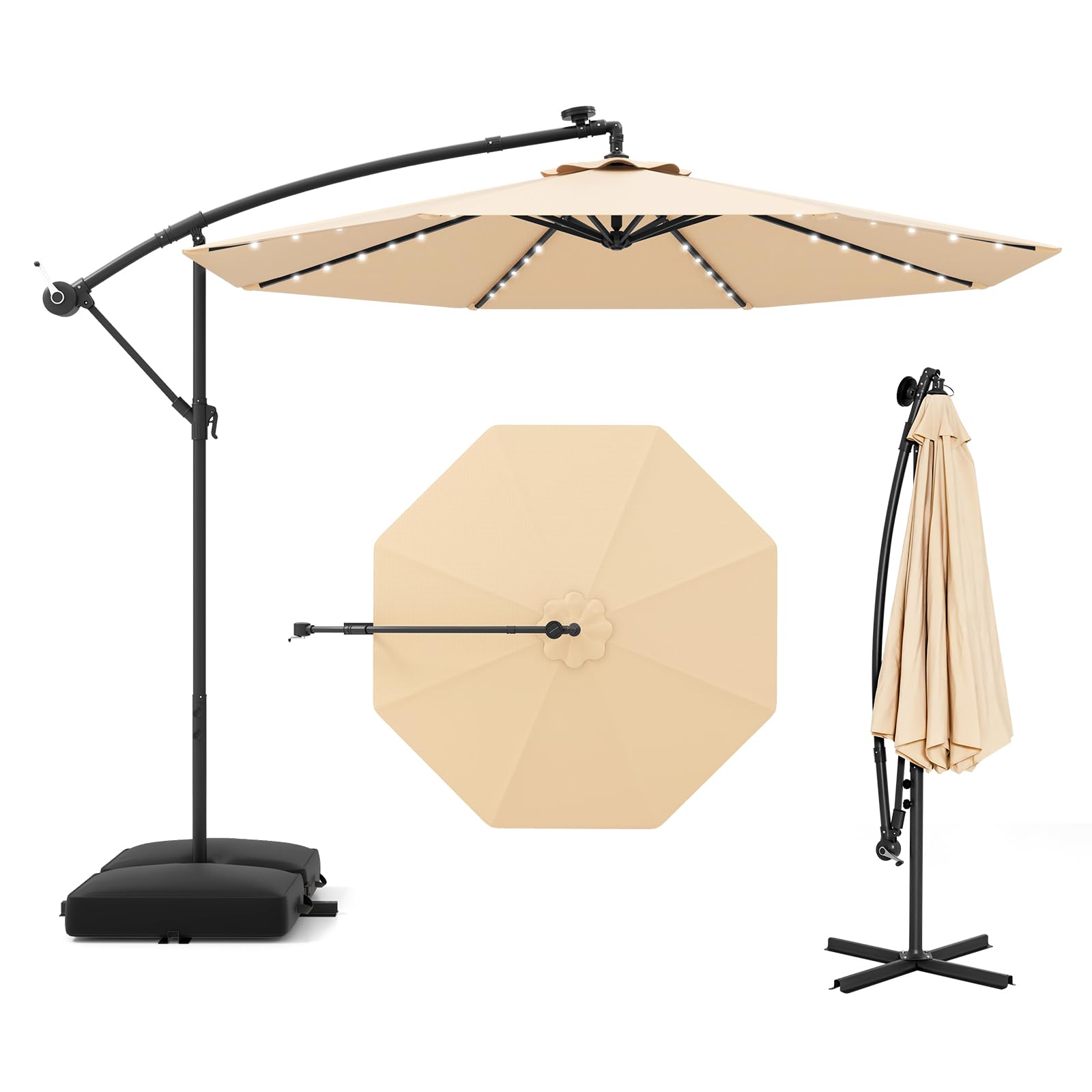 RELAX4LIFE Parasol Déporté 3x3M LED à Énergie Solaire, Parasol de Jardin Extérieur Inclinable avec Pied Incus, Imperméable à 8 Baleines, Protection UV pour Terrasse Patio Plage (Beige)