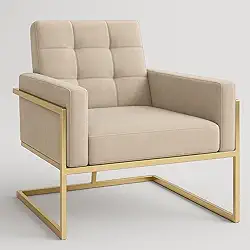 Poltrona Base de ferro reforçada para Sala de Estar Recepção Estofada Confortável (BASE DE FERRO COR DOURADA, BEGE)