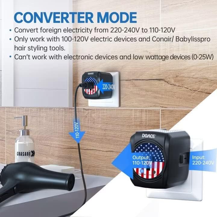 Miniatura 5 de DoAce - Convertidor de voltaje de viaje de 220 V a 110 V, convertidor de voltaje de viaje de 2000 W para secador de pelo, alisador de pelo,