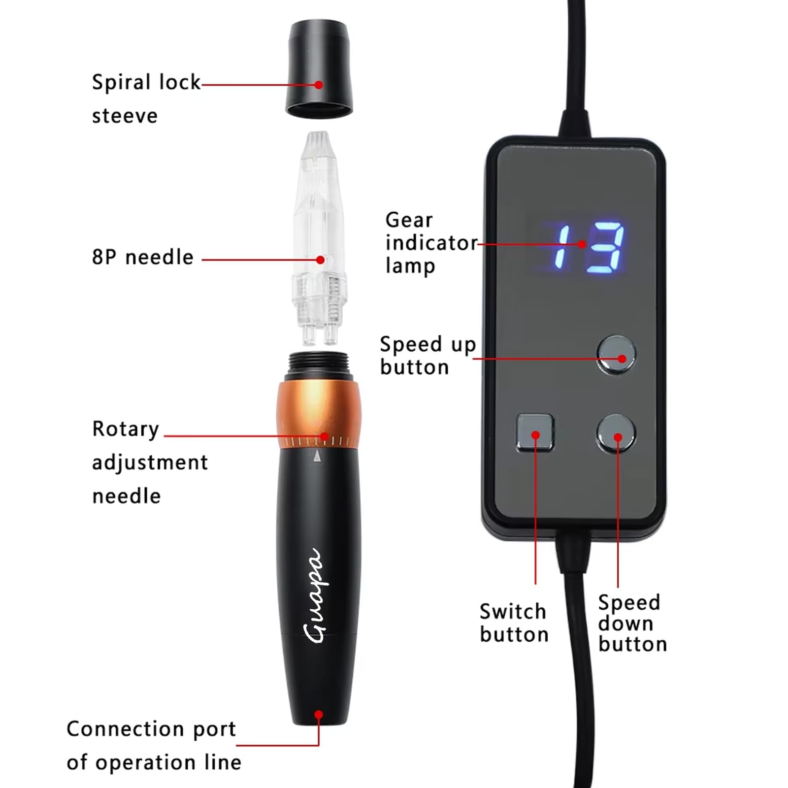 Schnelle Maschine für Lippen und Augenbrauen mit 8 Pin-Nadeln – für Augenbrauen, Lidschatten, Lippen-Tattoo, Rouge oder Schattierungen auf großen Flächen (Maschinen-Set)