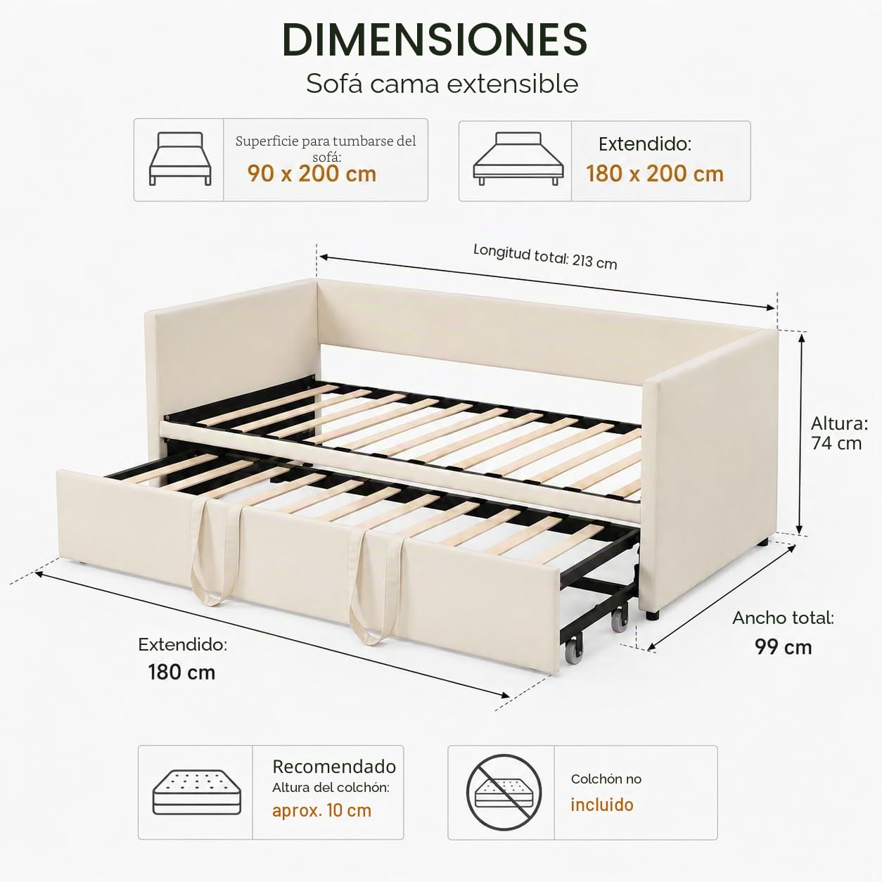 Sofá Cama Extensible 90/180x200 cm, Sofa Camas Convertible con Somier de Láminas, Cama de día Extensible a Camas Doble, Tejido Aterciopelado, Sin Colchón