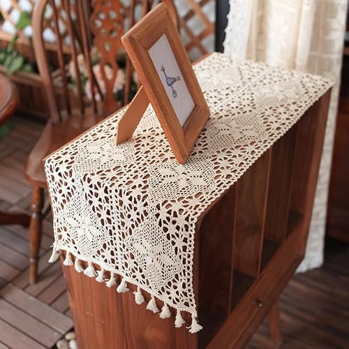 Dsaoteng Beige Crochet Table Runners - Vintage Boho Cotton Lace Tablecloth, Rustic Farmhouse Dresser Tassel Scarf Table Protection Dust Cover For Coffee Table Bedside Nightstand Decor (,33X95cm)