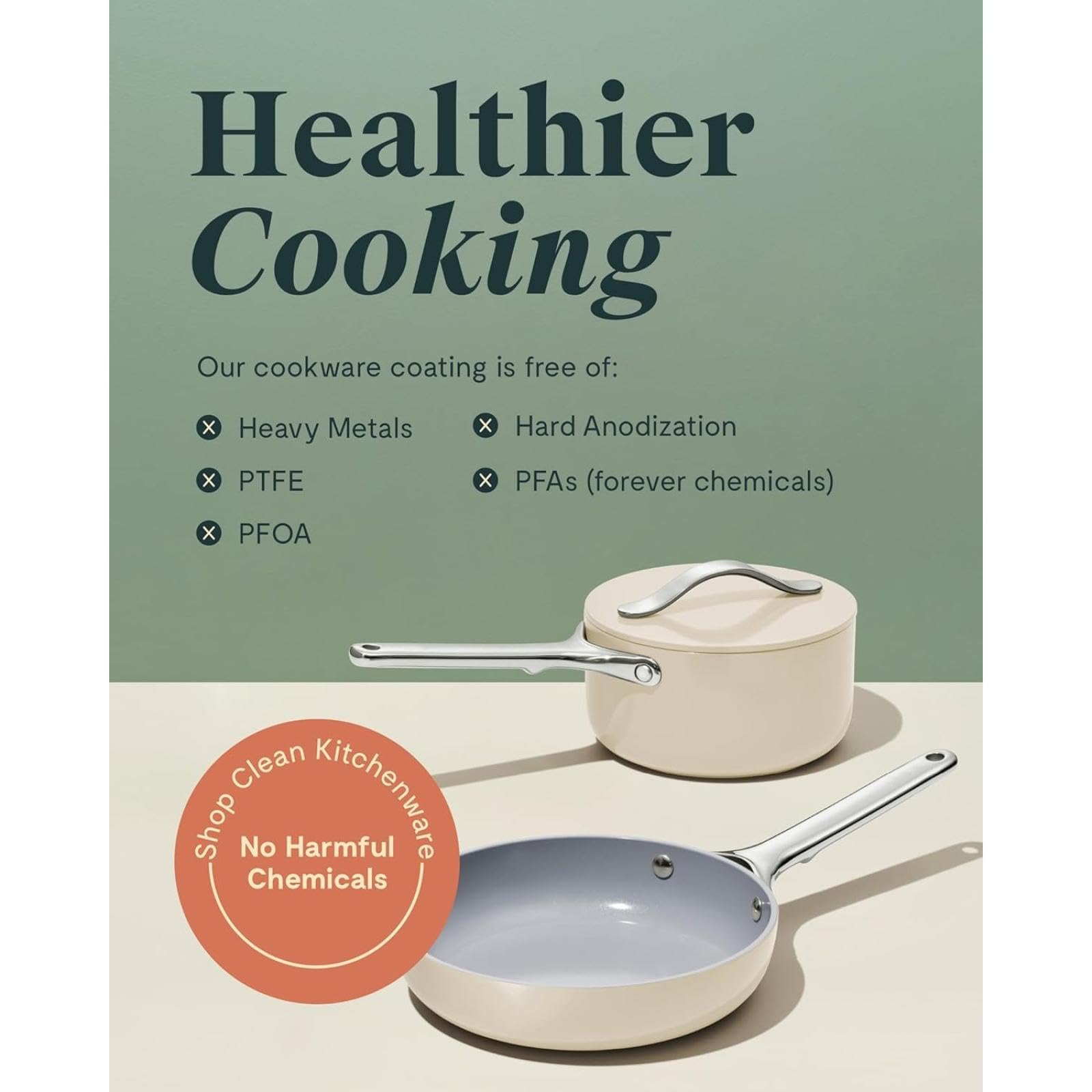 Mini batterie de cuisine : poêle à frire antiadhésive en céramique (1,05 qt, 8 po), casserole (1,75 qt) et grille de rangement (crème)