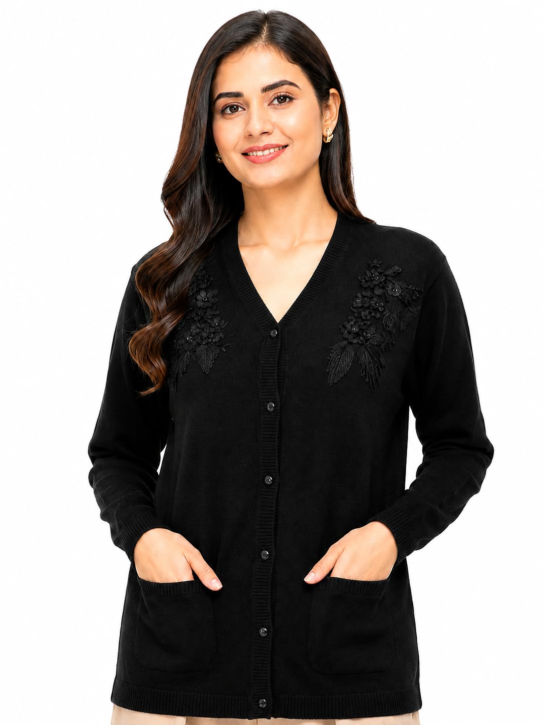 hautemoda Women Woollen V-Neck Cardigan, Full Sleeves, Front Pocket (-picture-38