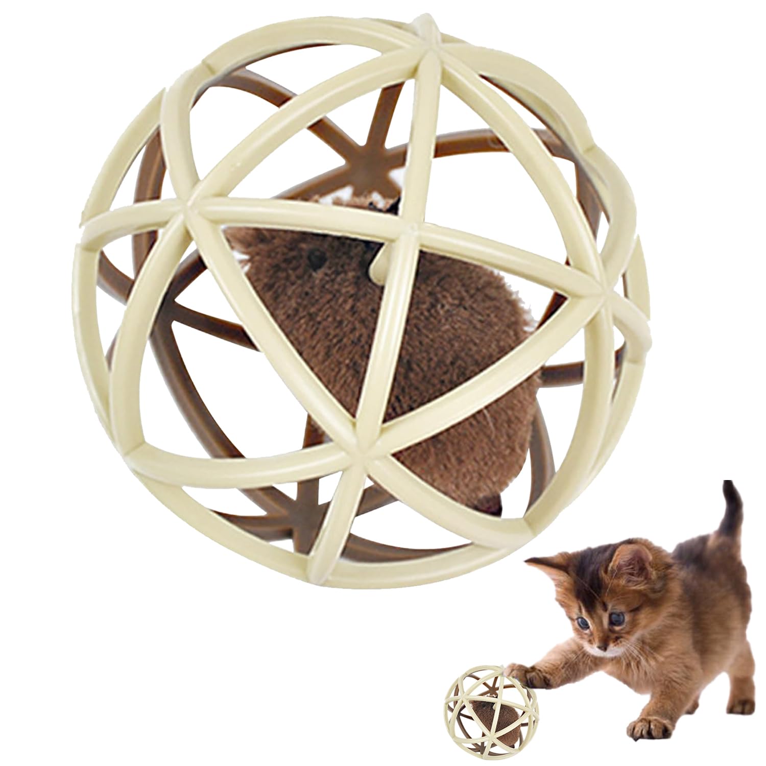 FAHOI Interactive Cat Toy Plastic Cat Ball Toy with Fake Mouse for Playing, Chasing, Chewing, Training (Beige)