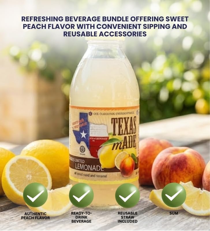 Lemonade 16oz Bundle with Reusable Straw — Refreshing Peach Lemon Beverage with Natural Flavors for Easy Serving — Gift Set (2 Items)