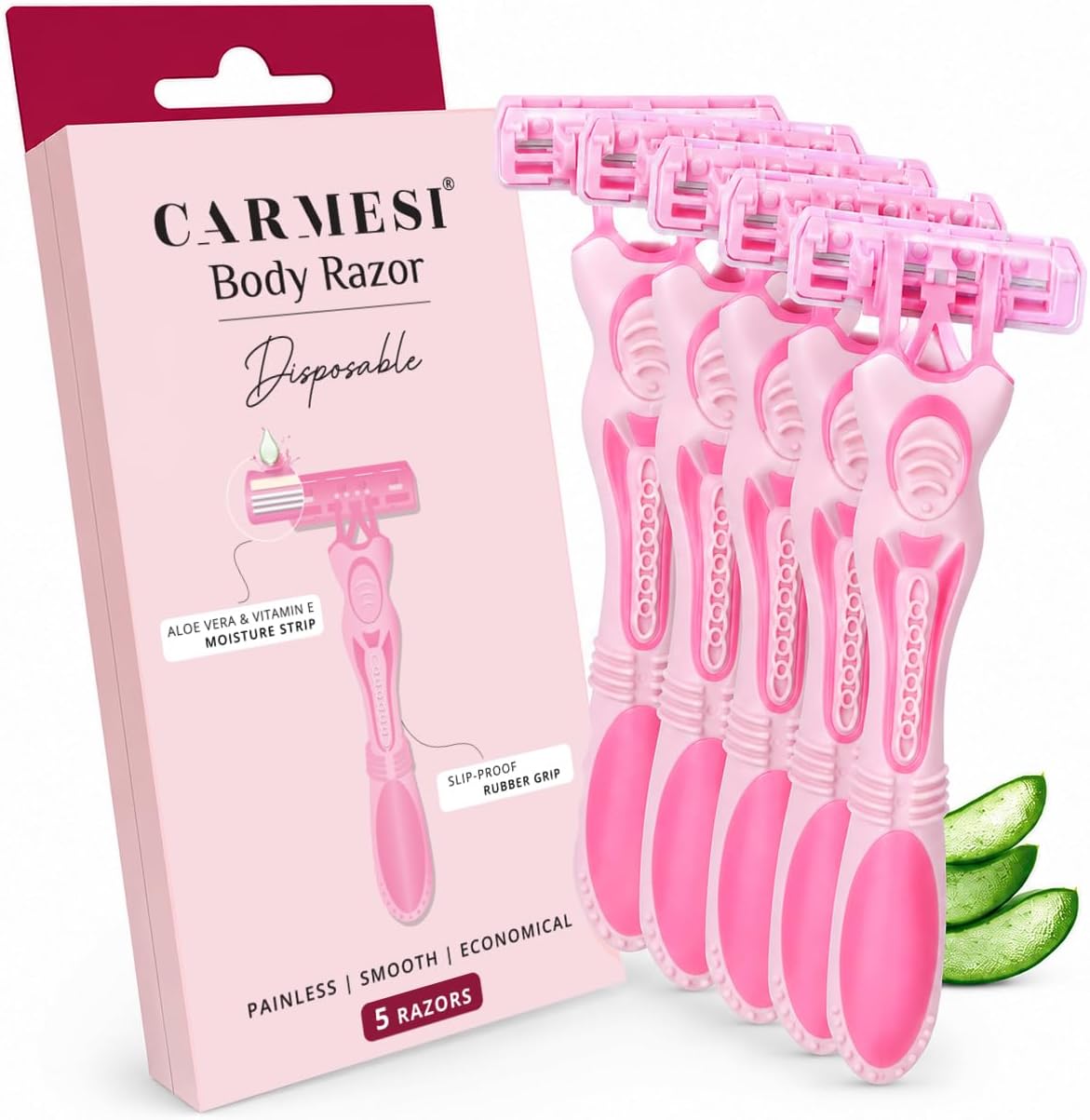 Disposable Body Razors for Women - Pack of 5 | Aloe Vera & Vitamin E Moisture Strip For Smooth & Painless Hair Removal | Slip-Proof Rubber Grip | Safe, Hygienic & Economical