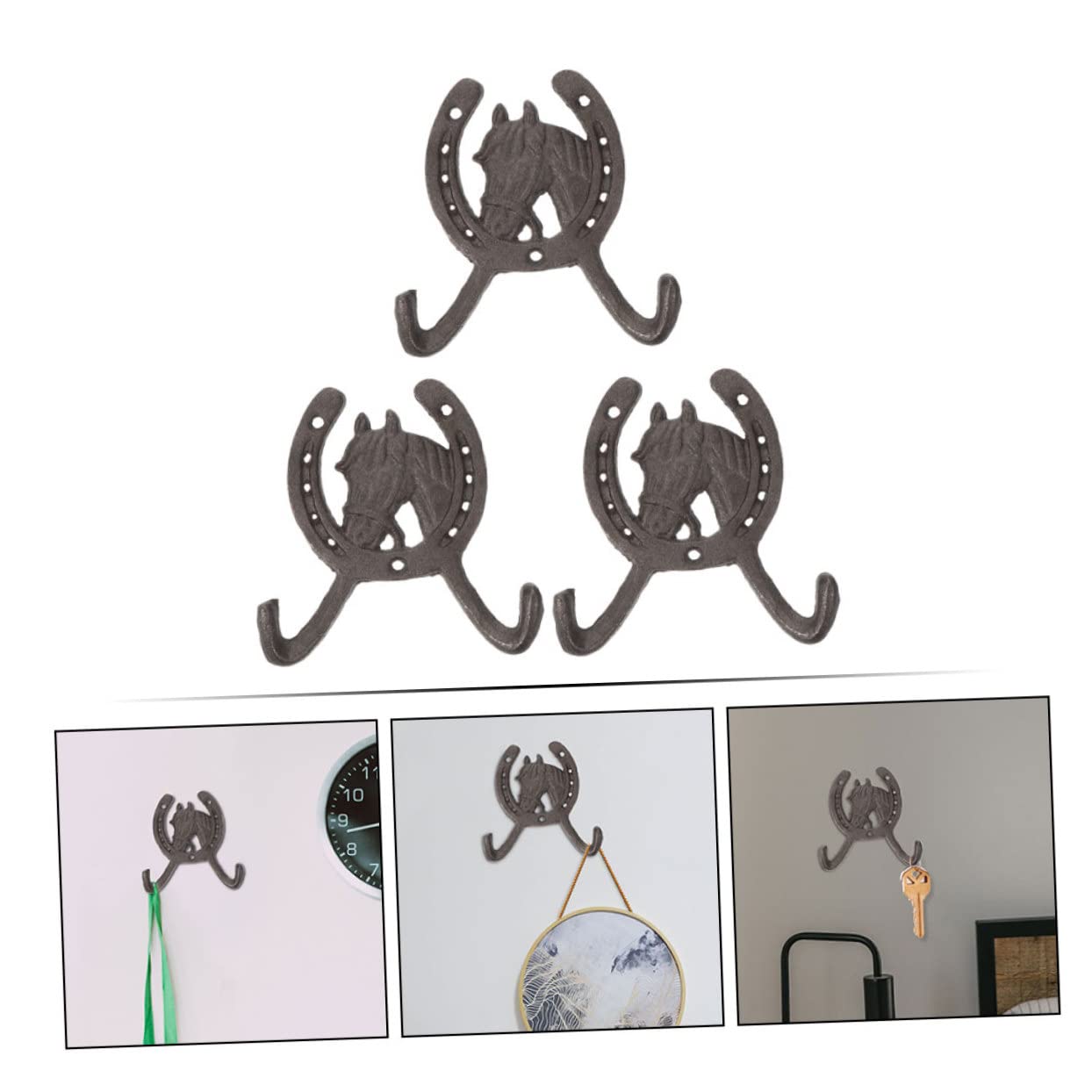 3 Stk. Gusseisen Wandhaken Hufeisenform Pferdekopf Design Rustikaler Kleiderhaken Multifunktionaler Organizer für Kleidung und Schlüssel Platzsparend Einfache Montage Vintage Stil