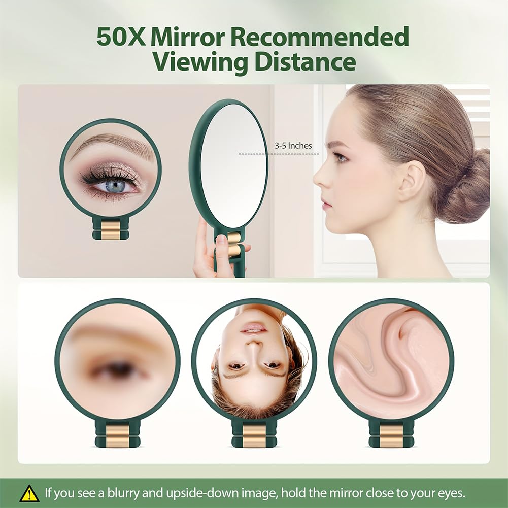 Espejo de mano con asa, espejo de maquillaje de doble cara con aumento de 50X y 1X, espejo de viaje plegable para el hogar, pared y escritorio (verde) - 3