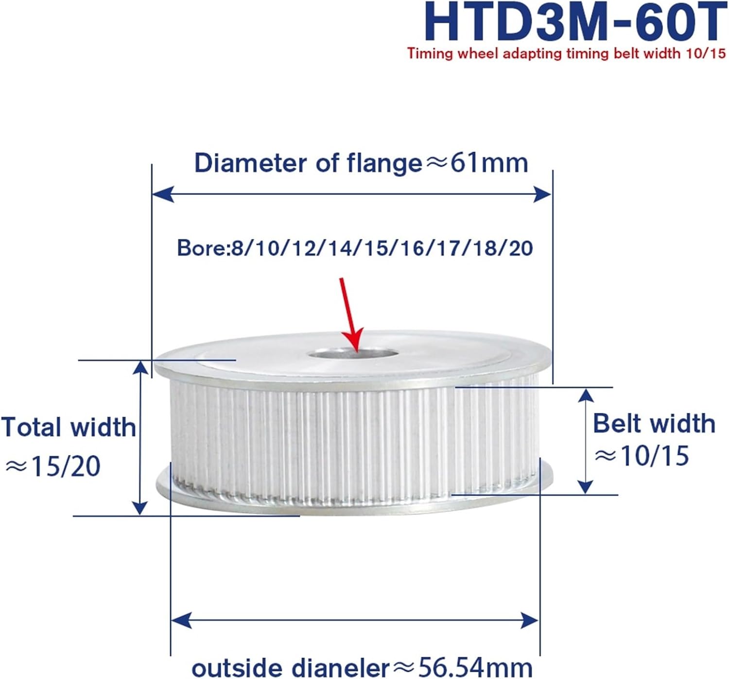 1Pcs 60T Pulley 8/10/12/14/15mm Bore Gear Pulley 3mm Pitch 10mm Belt Width Aluminum Alloy Belt Pulleys(14mm-Keyway 5x2.3mm,1PC_for Belt Width 15MM)