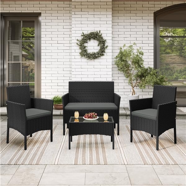 Yaheetech Rattan Gartenmöbel-Set, 4-teilig, Outdoor Lounge Möbel, Tisch, 2 Stühle, 2-Sitzer-Bank, mit Outdoor Kissen wetterfest, Terrassenmöbel, für Terrasse (Schwarz (Rattan) & Grau (Kissen))