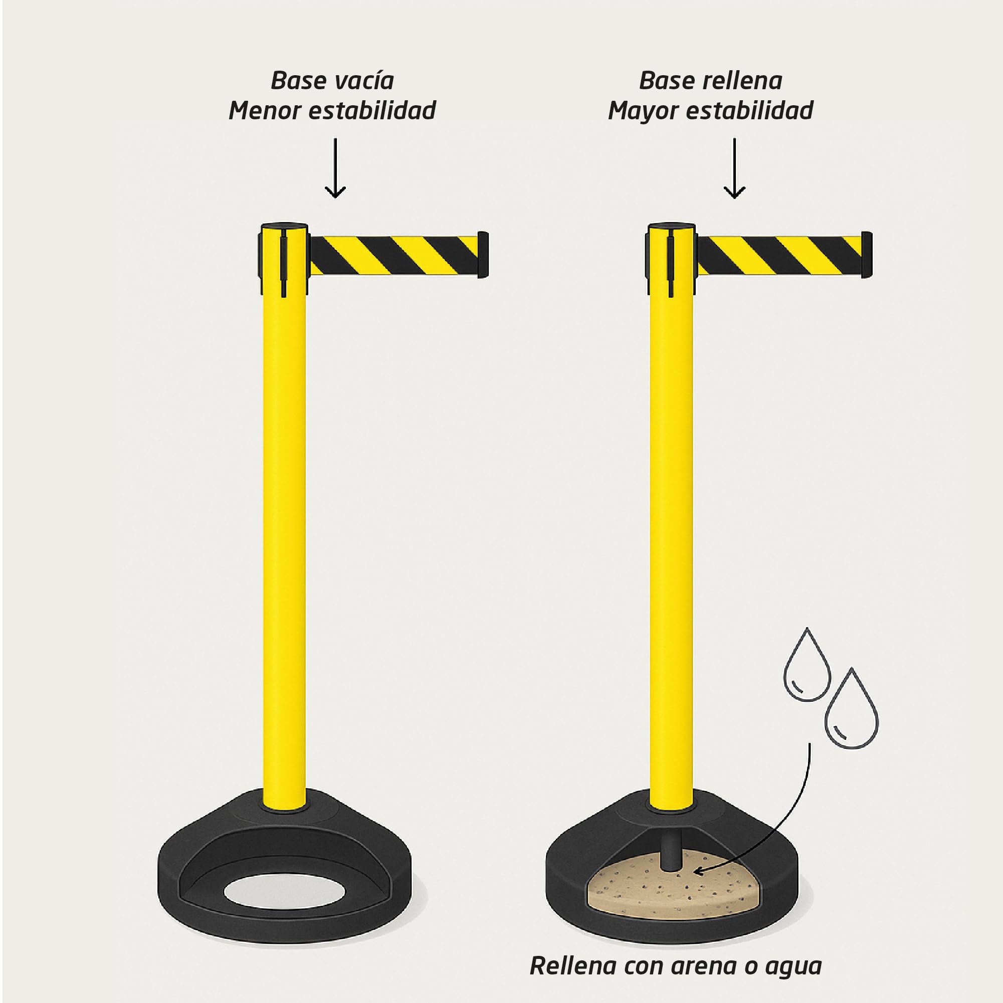 Postes Separadores con Cinta Extensible Amarillo 91cm Acero Resistente 4 Vías de Conexión