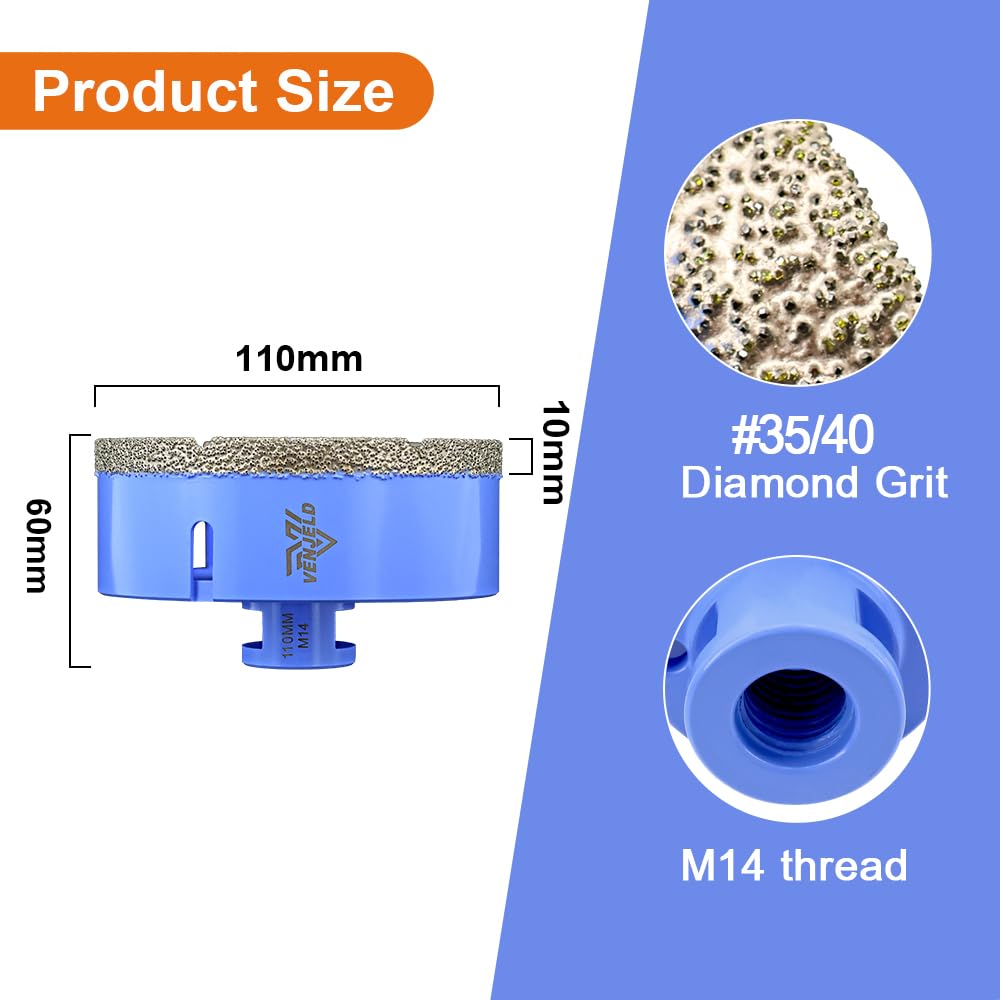 Broca Diamante para Azulejos 110mm - Corona Diamante con M14 para Taladrar en seco en Porcelana dura Cerámica Baldosas Granito Mármol Piedra VENJELD