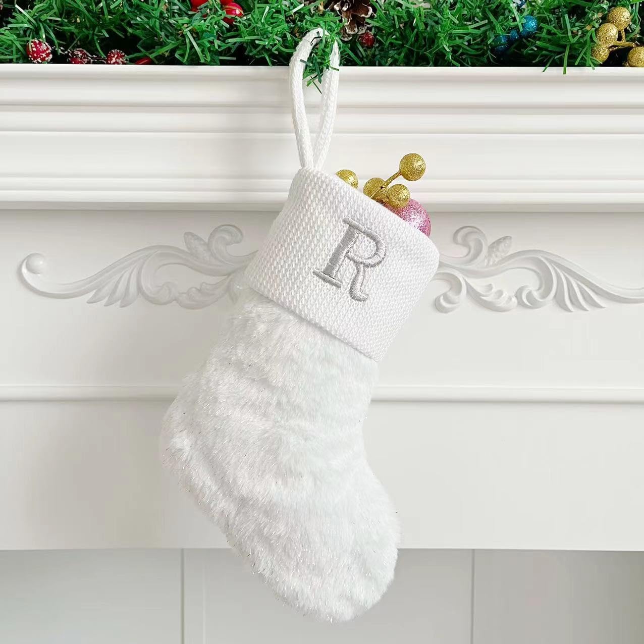 Initial Letter Christmas Stocking White Snowflake Knitted Christmas Tree Stockings Decorative Sock Hanging Ornament for Mantel Fireplace (White R, 10inch)