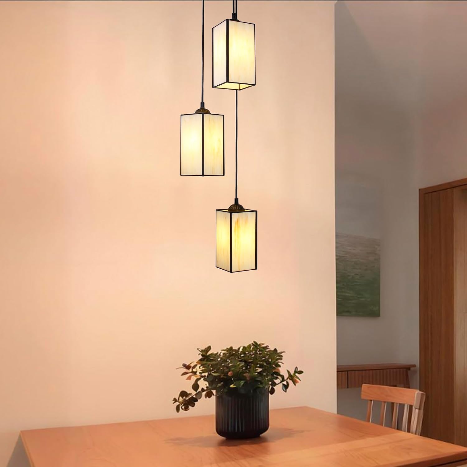 3-Light Tiffany Pendant Light Stained Glass Beige Yellow Hanging Lamp for Ceiling Dinning Room, Bedroom,Hallway