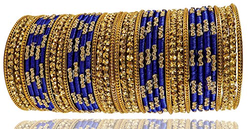 Image of NMII Royal Blue Color Silk Thread & Glass Bangles Set For Girls & Women (Royal Blue,2.4)