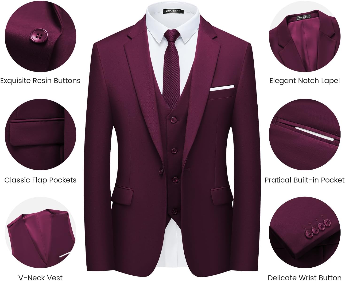 WULFUL Men’s Slim Fit Suit One Button 3-Piece Blazer Dress Business Wedding... - Picture 95 of 257