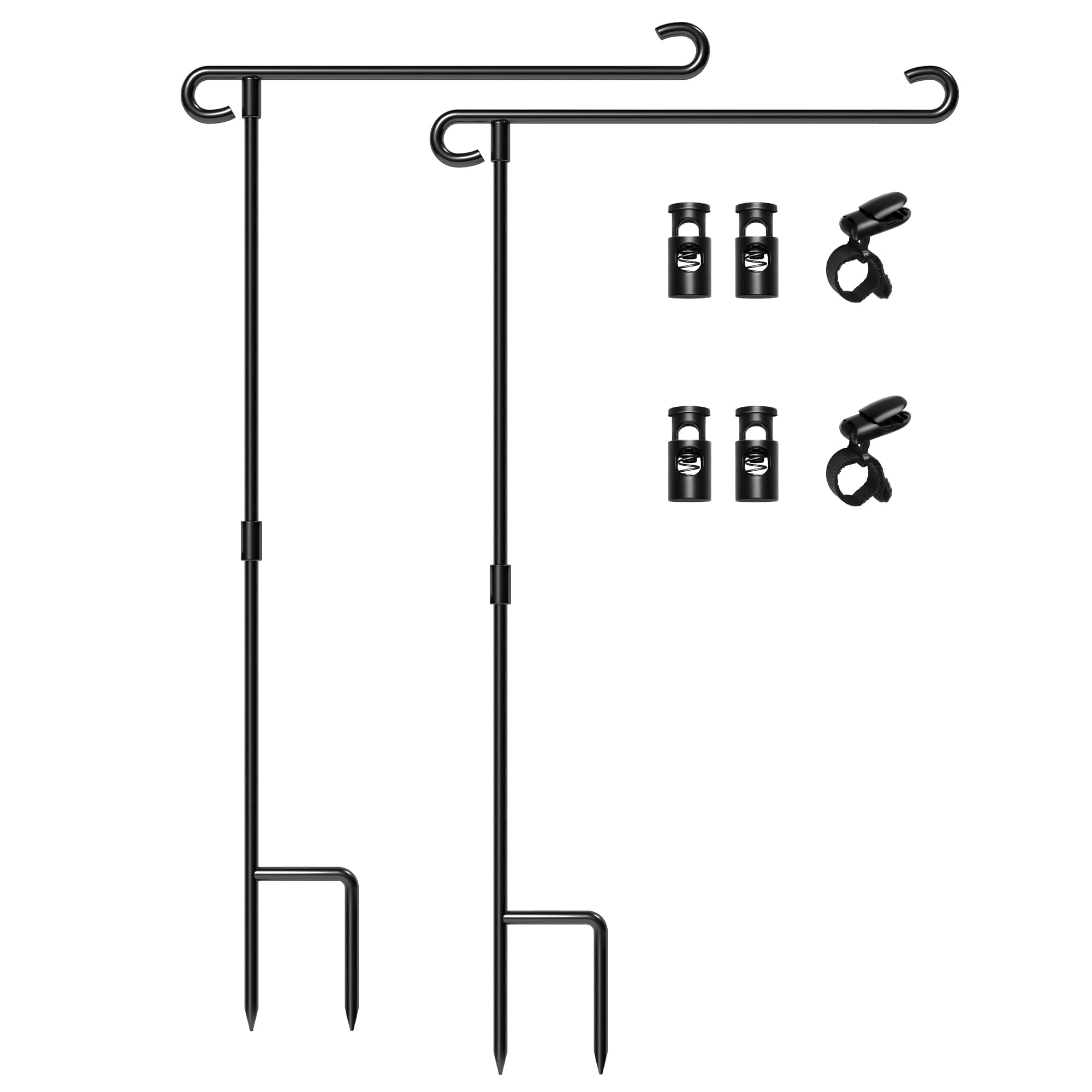 HOOSUN Garden Flag Stand Holder Pole Easy to Install Strong Sturdy Wrought Iron Fits 12.5" x 18" Mini Flag with 1 Tiger Clip Curved Hook with S Type 2 Pack
