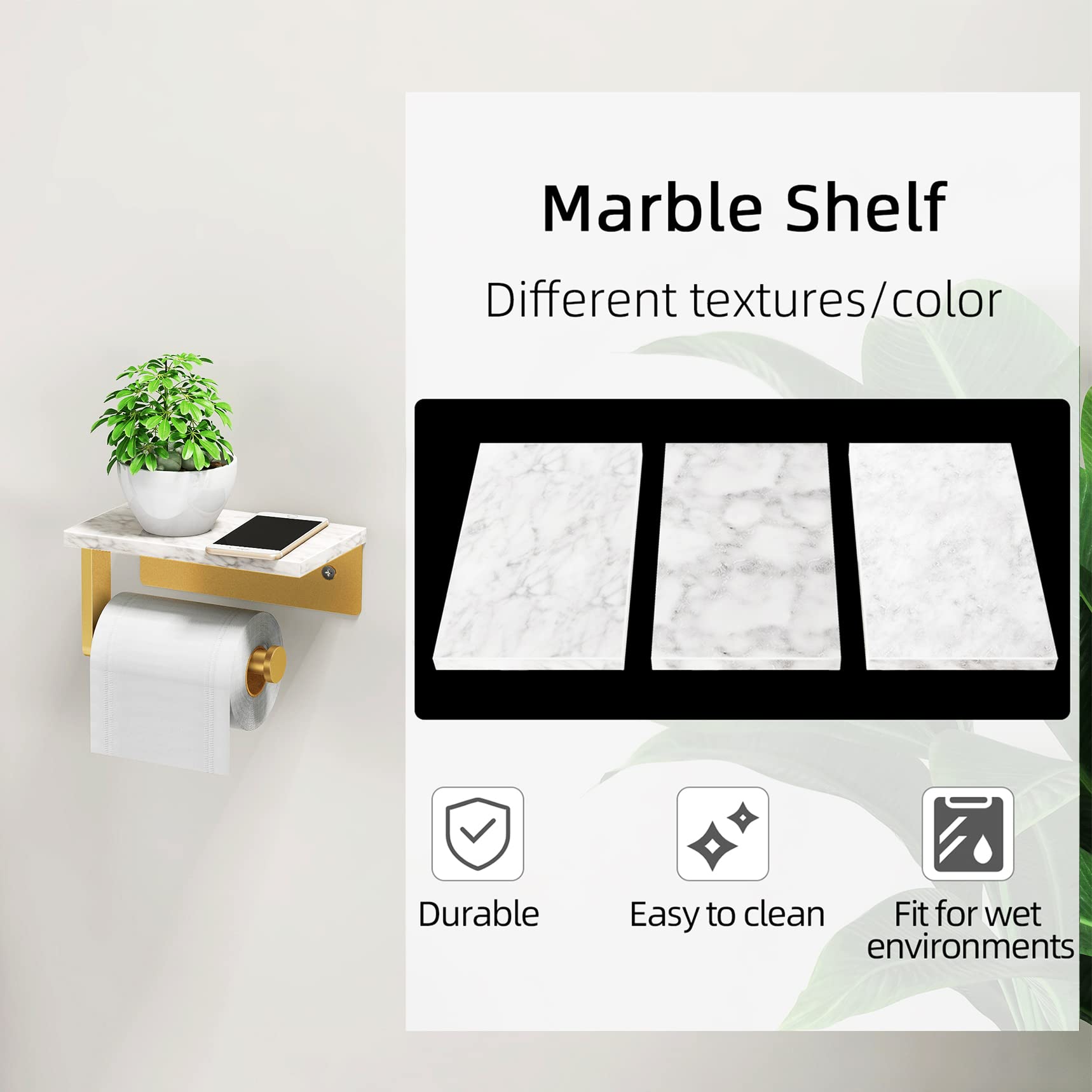 Toilet Roll Holder Wall Mounted, Gypie 304 Stainless Steel Toilet Paper Holder with Marble Shelf - Image 3