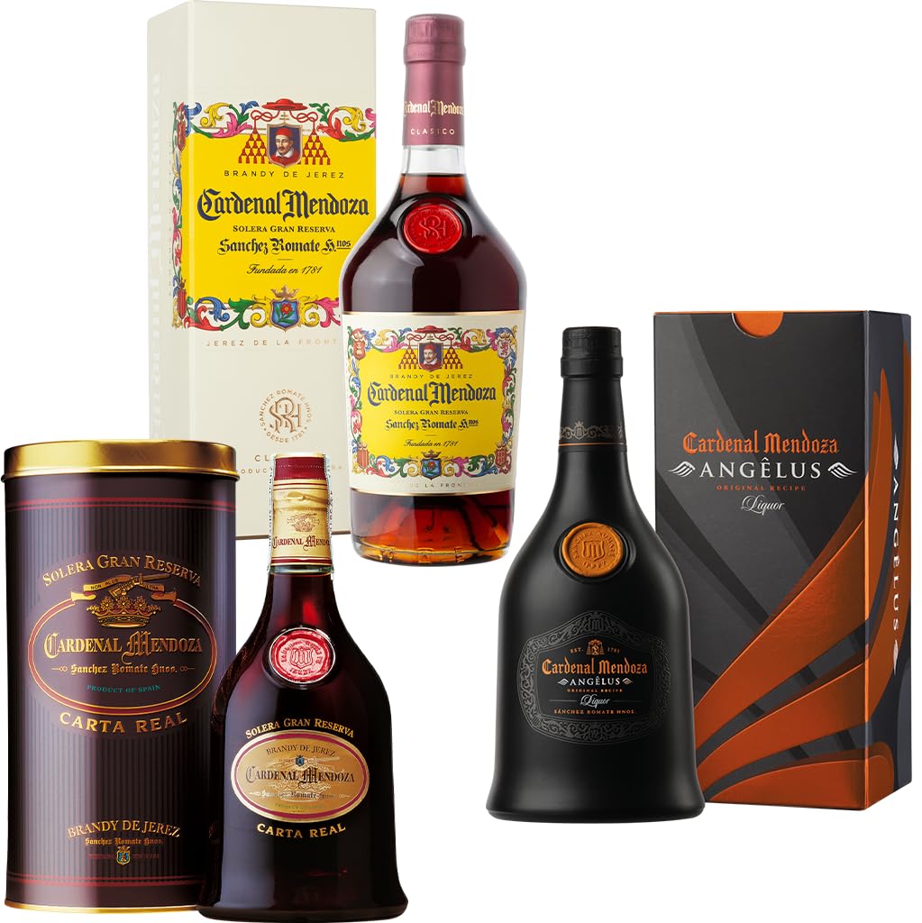 Brandy Mischpaket Cardenal Mendoza (3x0,7 l) bestehend aus Clásico Solera Gran Reserva Brandy de Jerez 40%, Angêlus 40% und Carta Real Solera Gran Reserva Brandy de Jerez 40% - in Geschenkverpackungen