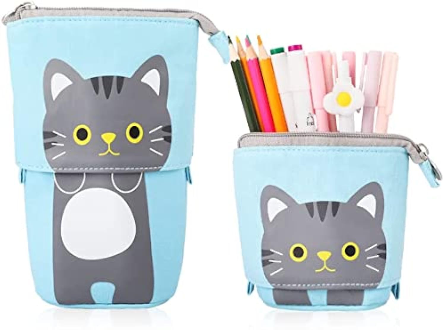 AUTOYSUR Telescopic Stand Up Pencil Case Box Transformer Stand Store Pencil Holder Cute Cartoon Standing Pen Pouch Dual-Use Canvas Storage Stationery Bags for Teen Girls Boys (grey cat)