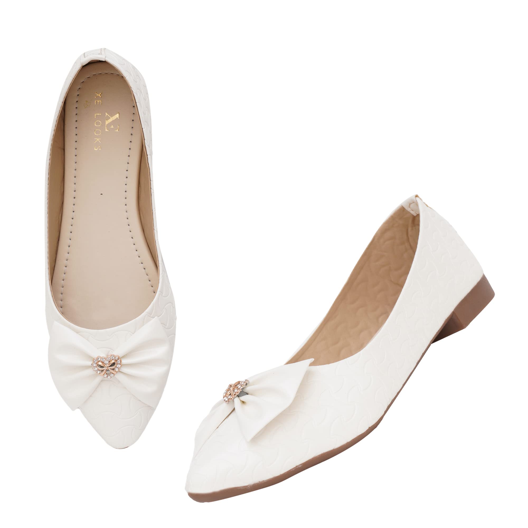XE Looks Women's White Ballerina Flats | Textured Design with Stylish Bow Detail | Cushioned Footbed for Comfort | Lightweight Slip-On Ballerina for Girls & Women 4