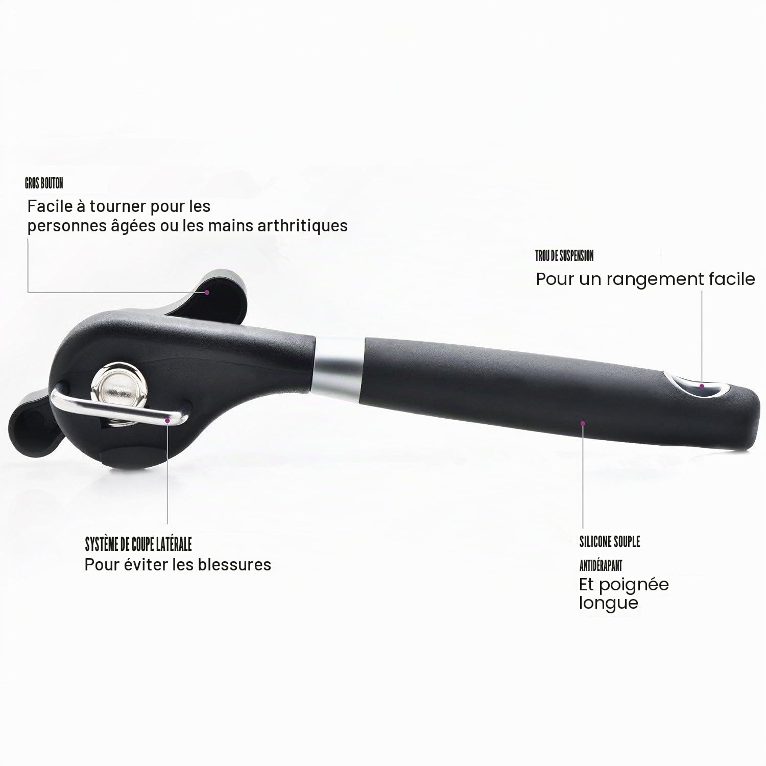 Ouvre-boîte de sécurité, conception ergonomique antidérapante, coupe latérale lisse