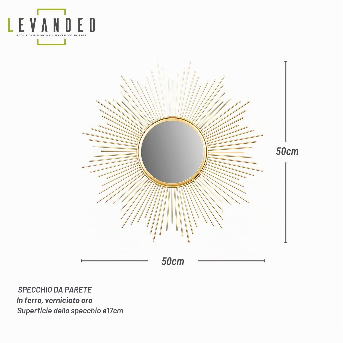 levandeo Specchio da sole dorato, diametro 50 cm, in metallo, decorazione con sole dorato, specchio da parete
