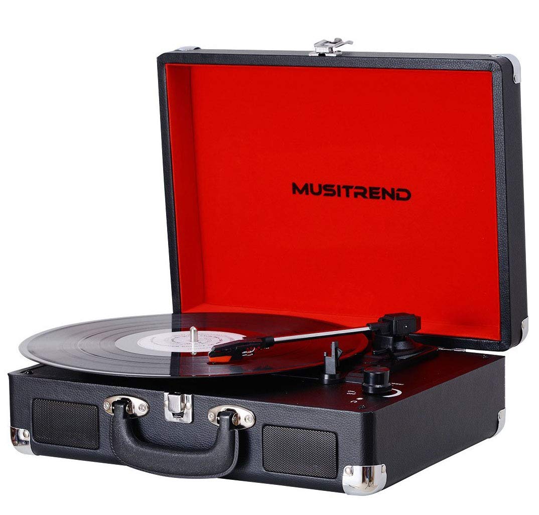 Vinyl Record Player Classic Portable Suitcase 3 Speed Stereo Turntable with Built-in Speakers, PC Recorder, Headphone Jack, RCA line Out, Black