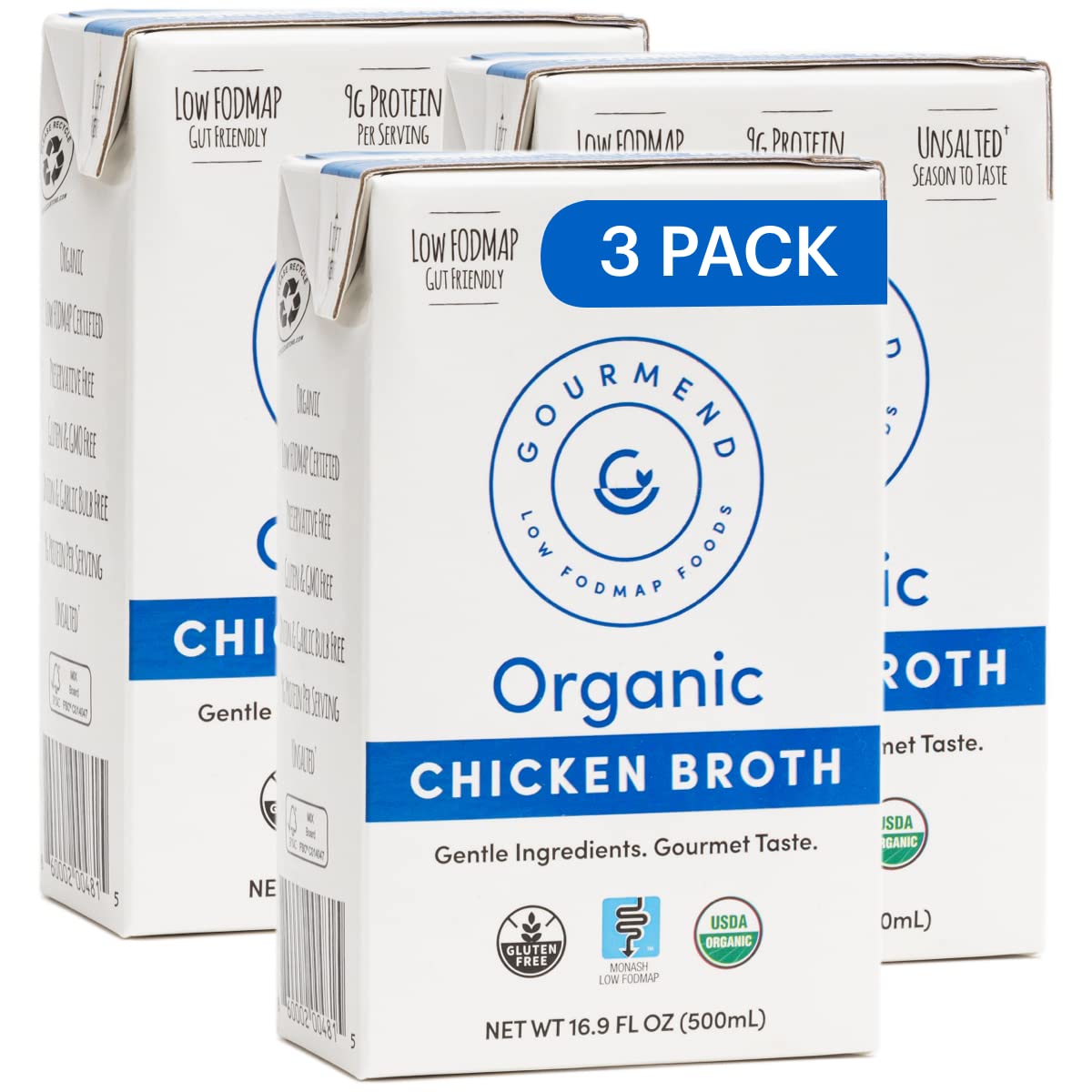 Gourmend Low FODMAP, IBS-Friendly Organic Chicken Broth 16.9oz (3 Pack) – Unsalted, 100% Free of Pre