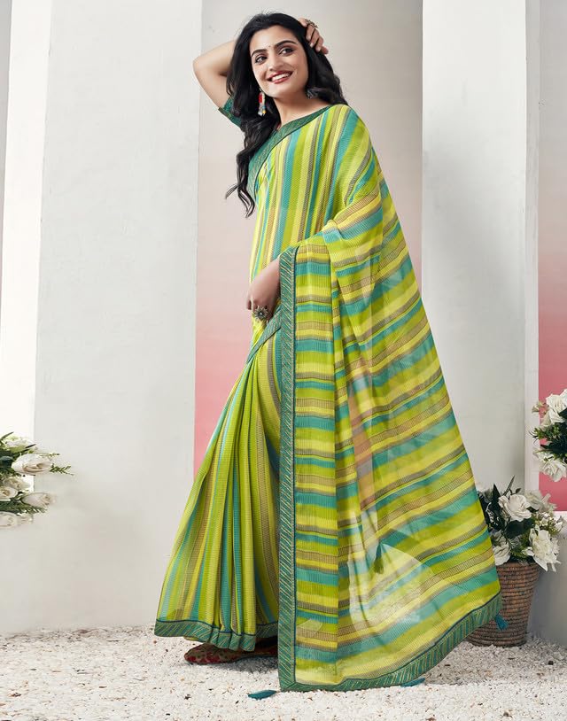 Image of SIRIL Women's Lace & Printed Chiffon Saree with Blouse