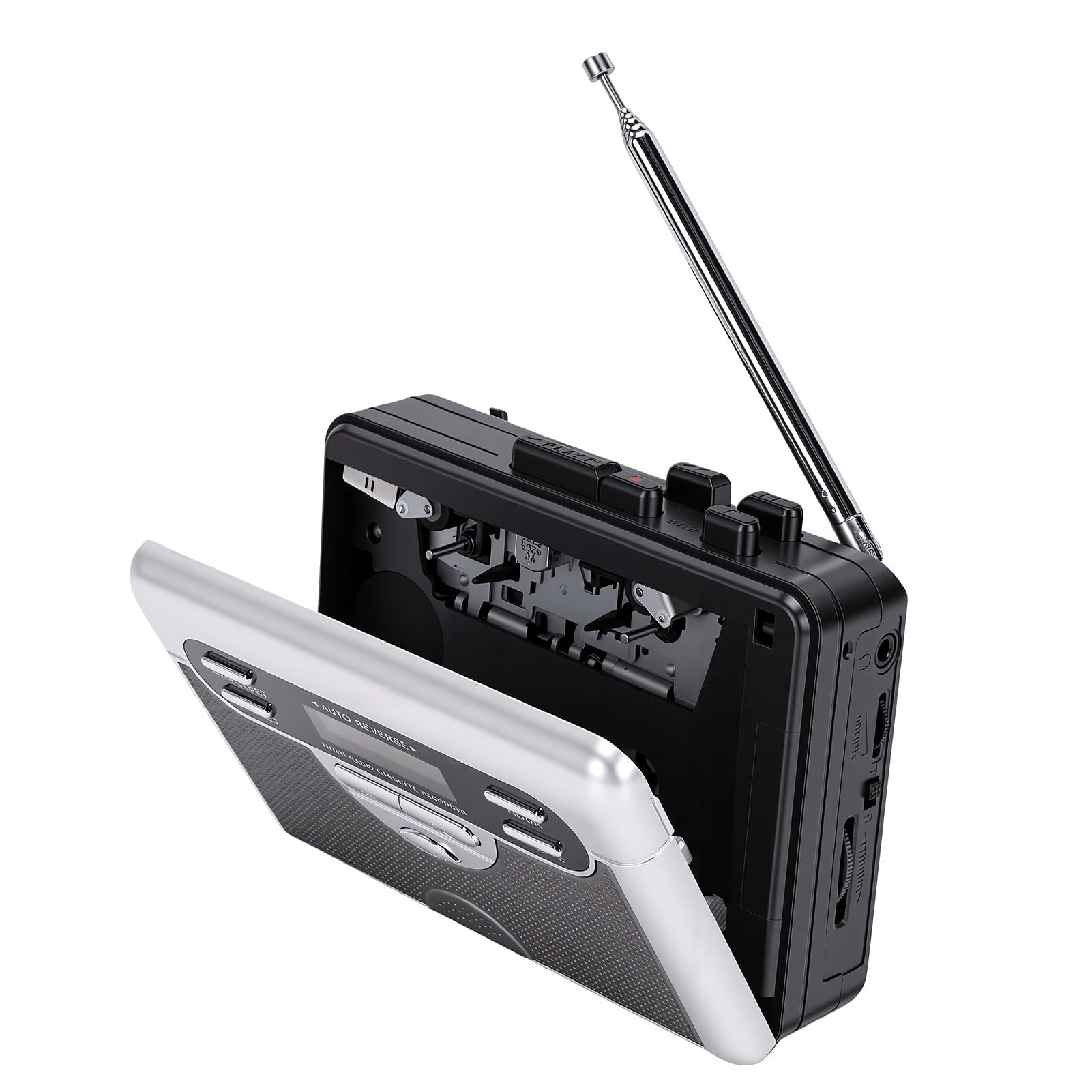 Przenośny Magnetofon Kasetowy z Radiem AM FM | Automatyczne Zatrzymanie / Bieg Wsteczny, Wbudowany Głośnik, Wyświetlacz LED, Zegar / Alarm, Słuchawki 3,5 Mm, Przenośny