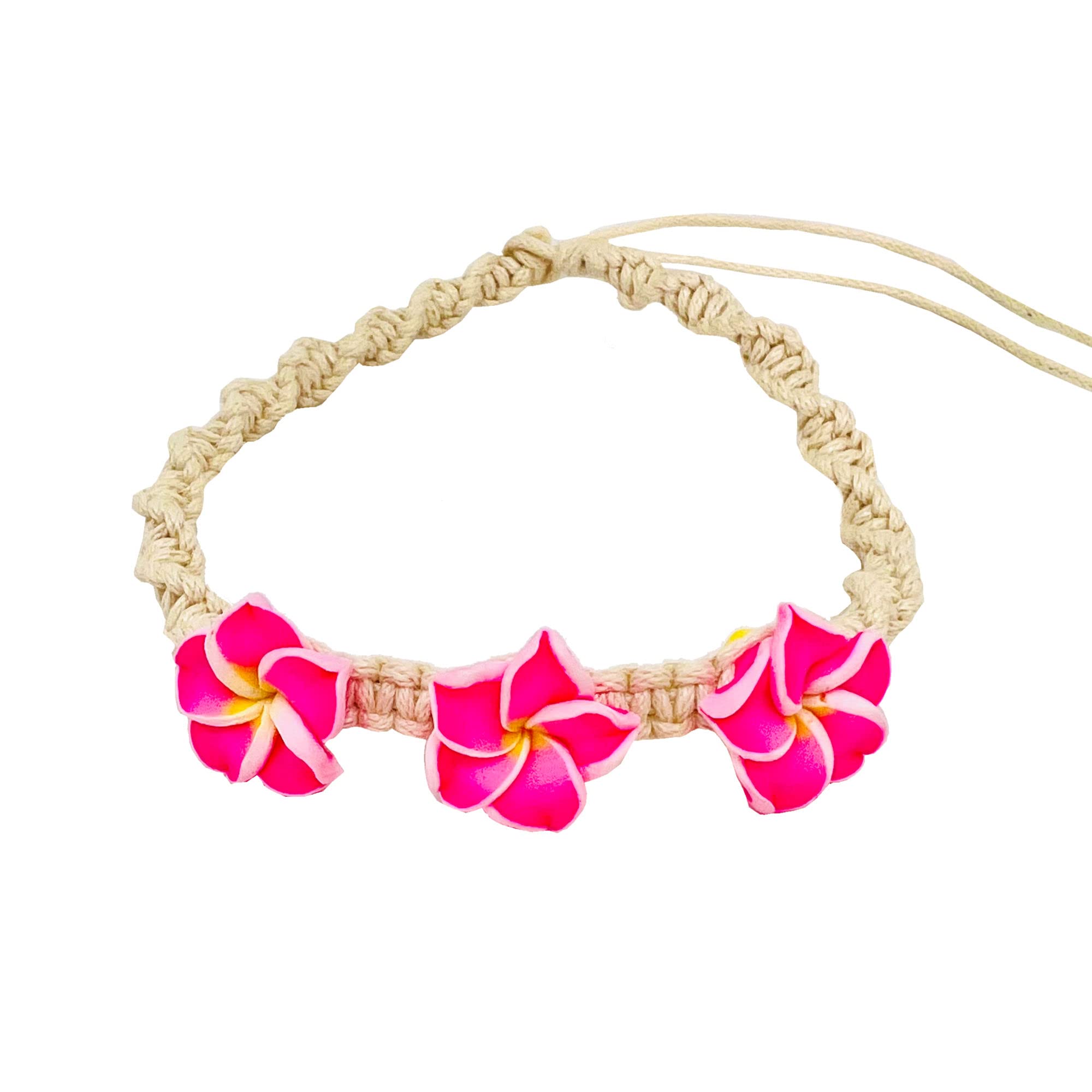 Zero Gravity HawaiiHawaiian Twist Braid Three Pink Plumeria Flower Bracelet/Anklet